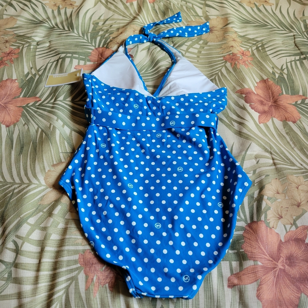 Michael Kors Polka Dot One Piece Swimwear Belt Halter Cyan Blue White 10 - Picture 3 of 13